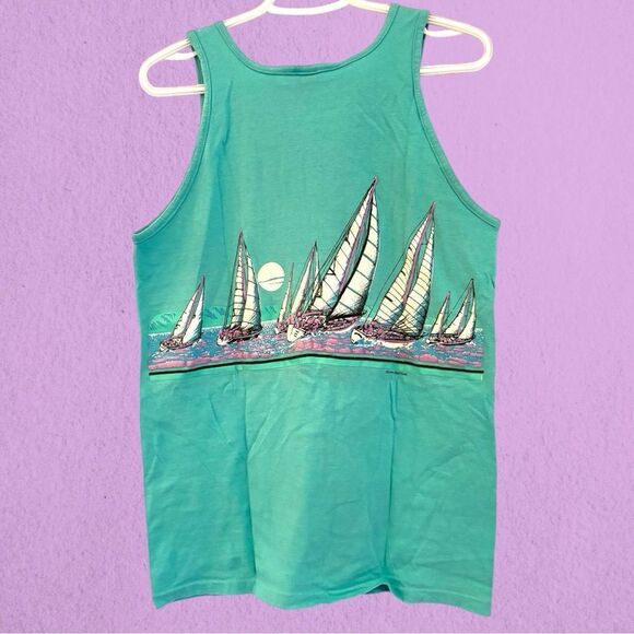Vintage 1990 California tank top turquoise with sail boats - Picture 3 of 8